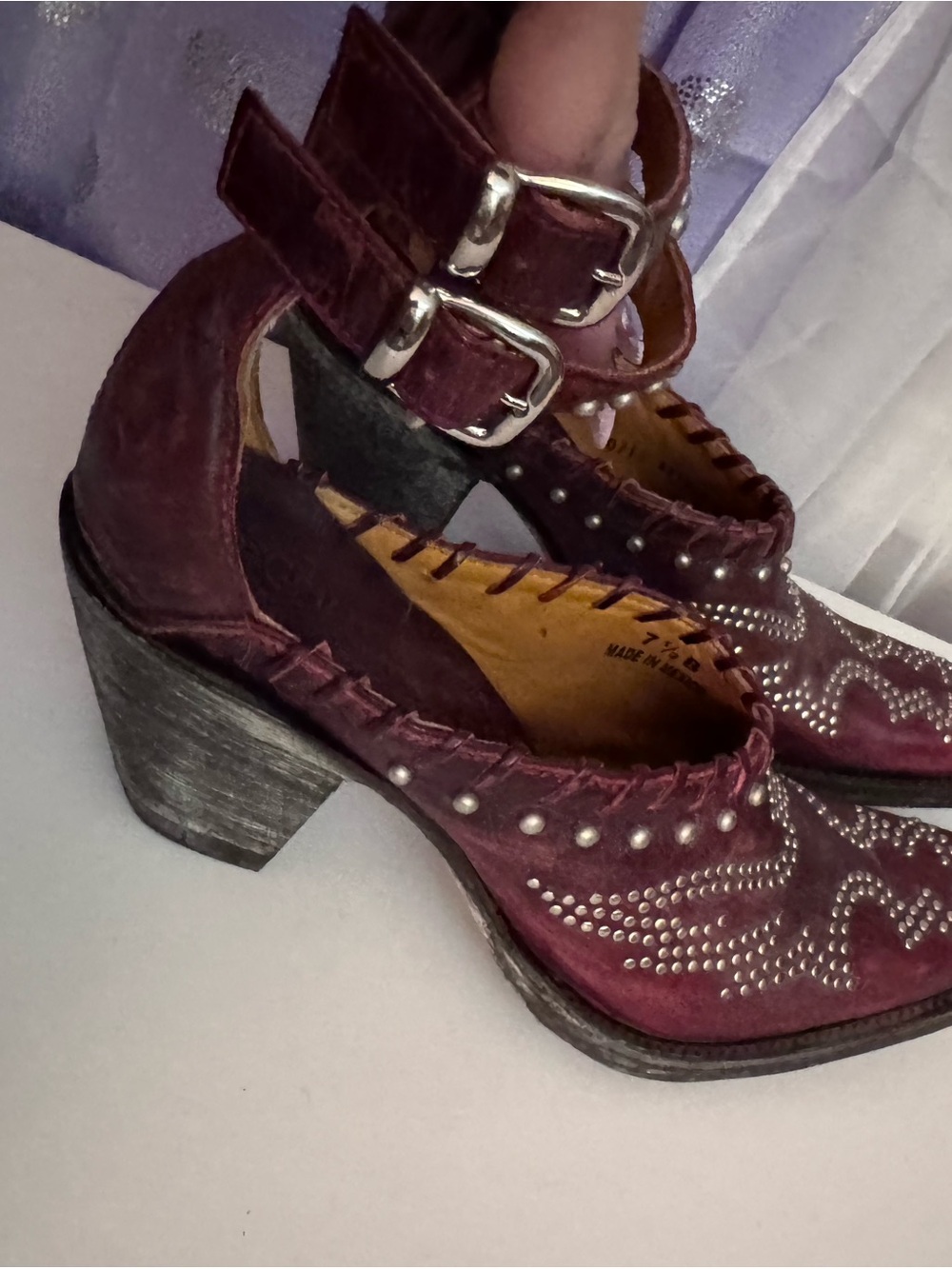 Studded Burgundy Leather Ankle Strap Boots by Old Gringo - Picture 3 of 4